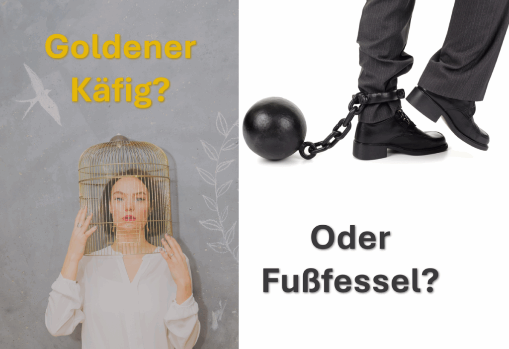 Frau im goldenen Käfig, Mann mit Fußfessel.